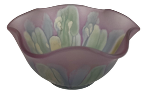 Hand-Painted Nouveau Art Glass Ruffled Bowl in Amethyst & Iridescent Pastels