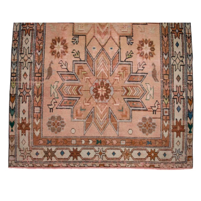 Distressed Turkish Rug Hand Knotted Vintage Oushak Area Rug - 4′ × 6′10″ For Sale - Image 11 of 13