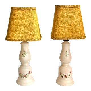 Pair of Vintage Hand-Painted Bristol Glass Table Lamps With Woven Shades For Sale