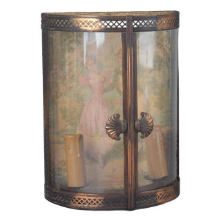 Brass Vitrine Wall Lamp with Curved Glass and Garden Scene Panel, 1950s For Sale