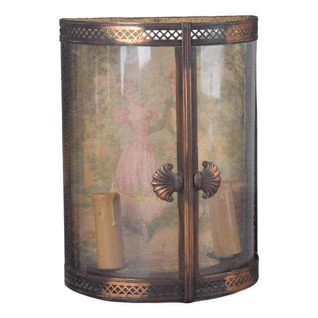 Brass Vitrine Wall Lamp with Curved Glass and Garden Scene Panel, 1950s For Sale