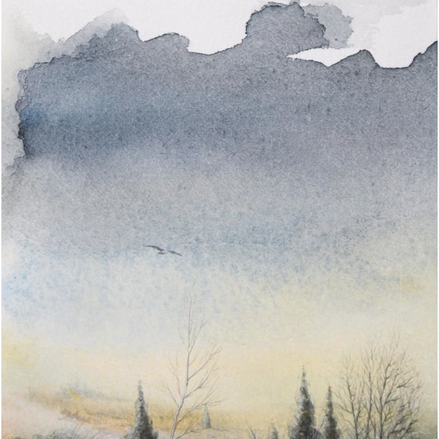 Delicate Vintage Winter Watercolor Landscape For Sale - Image 4 of 6