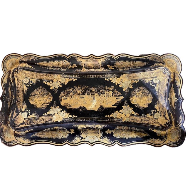 Gorgeous antique Georgian Chinoiserie game box. 12.5" long x 6" wide x 4 tall. 4 brass feet and two brass hinges. Black...