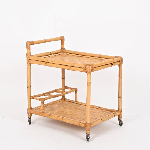 Mid-Century Italian Rectangular Bamboo, Rattan and Wicker Serving Bar Cart, 1960s For Sale - Image 4 of 13
