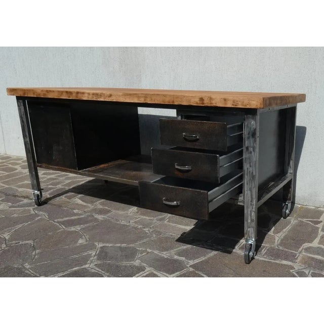 Industrial Island Counter in Steel and Walnut, 1970s For Sale - Image 4 of 13