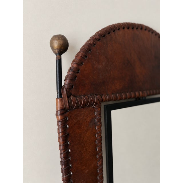 Contemporary Vintage Hand-Stitched Leather Mirror With Brass Finials | Greek Modernist, Circa 1960s–1970s For Sale - Image 3 of 4
