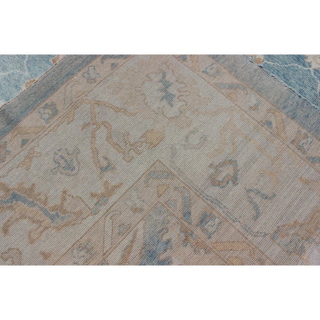 Square Turkish Oushak Rug in Light Blue, Light Brown, Salmon, Silver & Tan For Sale - Image 11 of 12