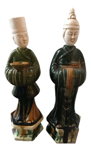 Chinese Ming Dynasty Sancai Glazed Offerants Figures - Set of 2