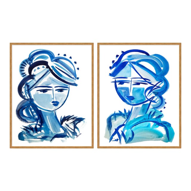 Blue Girls Diptych by Maren Devine in Gold Frame, XS Art Print For Sale