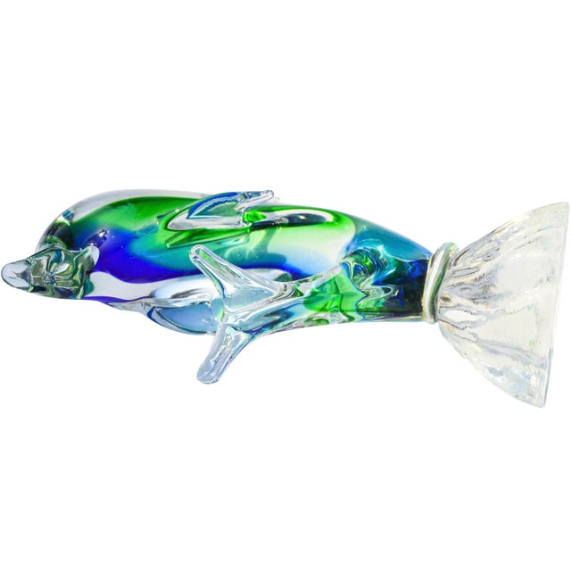 Vintage Handblown Italian Blue & Green Murano Art Glass Dolphin For Sale - Image 10 of 11