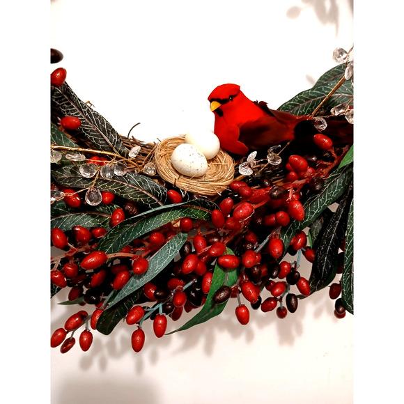 Winter Berries Door Wreath Realistic Red CARDINAL Egg Nest Holiday Ice Crystals Realistic Holiday Christmas Arrangement...