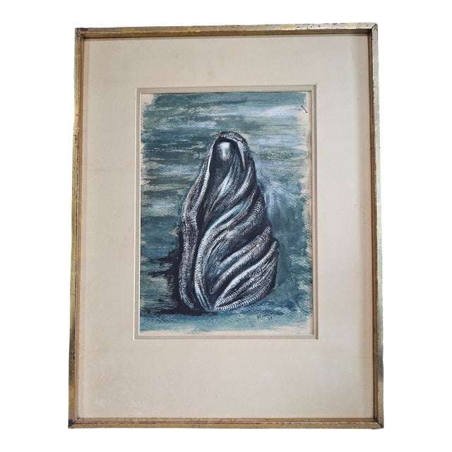 1930s Mid-Century Modernist Draped Figure Watercolor Signed in the Style Henry Moore For Sale