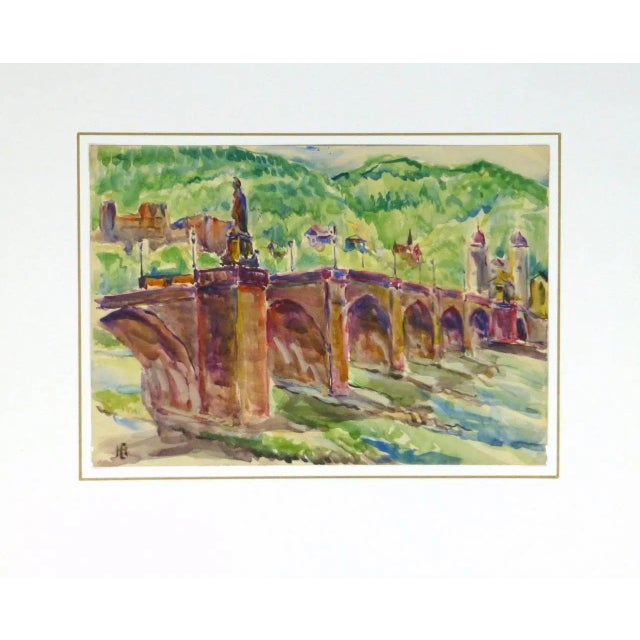 Vintage Watercolor Landscape - Heidelberg Bridge For Sale - Image 4 of 5