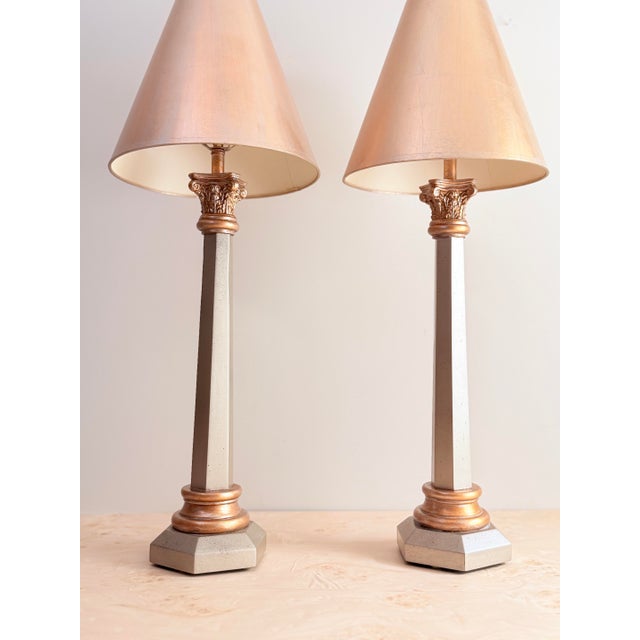 A stately pair of vintage table lamps by Leeazanne, the decorative lighting line produced by The Lam Lee Group. Each lamp...