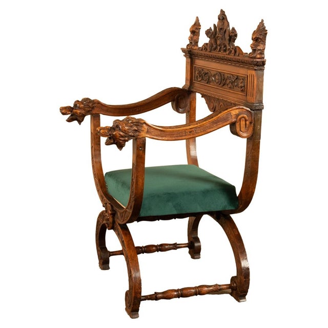 Antique Renaissance Revival Carved Walnut Green Man Savonarola Chair Circa 1890 For Sale - Image 9 of 17