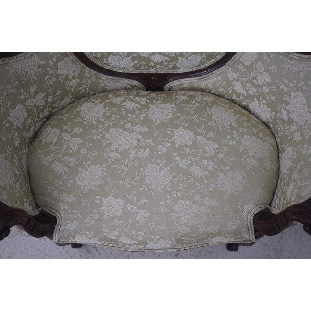 Vintage Walnut Rococo Parlor Settee W. Damask Upholstery For Sale - Image 12 of 18