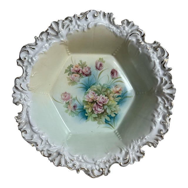 Antique Decorative Fruit Bowl Rs Prussia Floral Pink Rose Gold Trim For Sale