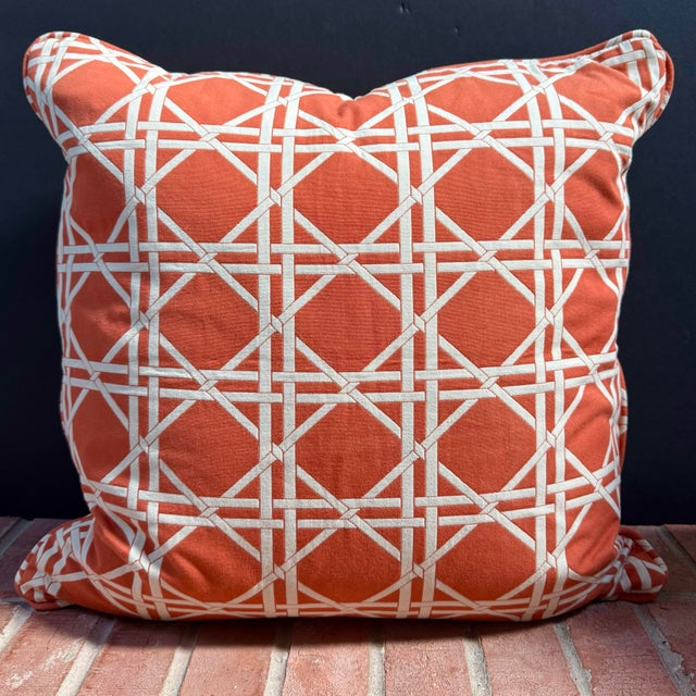 Large vintage custom pillow cover with piping and zipper in orange and ivory cane pattern. Thick cotton weave designer...
