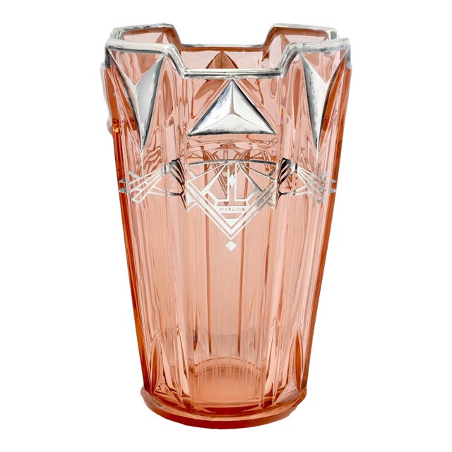 Large Art Deco Pink Vase With Sterling Silver Fittings For Sale