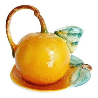 1970s Italian Majolica Orange Pitcher & Plate by Ancora- 2 Pieces For Sale