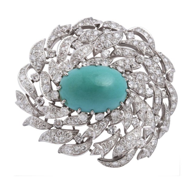 Platinum, Diamond, and Persian Turquoise Asymmetric Dress Clip For Sale