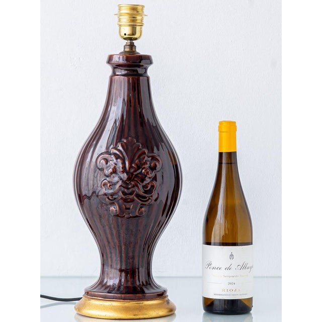 1970s Manises Chocolate Brown Glazed Table Lamp, Spain, 1960s For Sale - Image 5 of 14