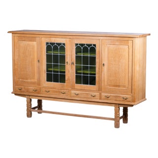 Brutalist Danish Oak Highboard with Leaded Green Glass, 1960s For Sale