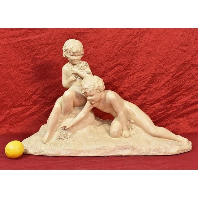 Art Deco Terracotta Sculpture of Two Children Playing, 20th-Century For Sale - Image 3 of 12
