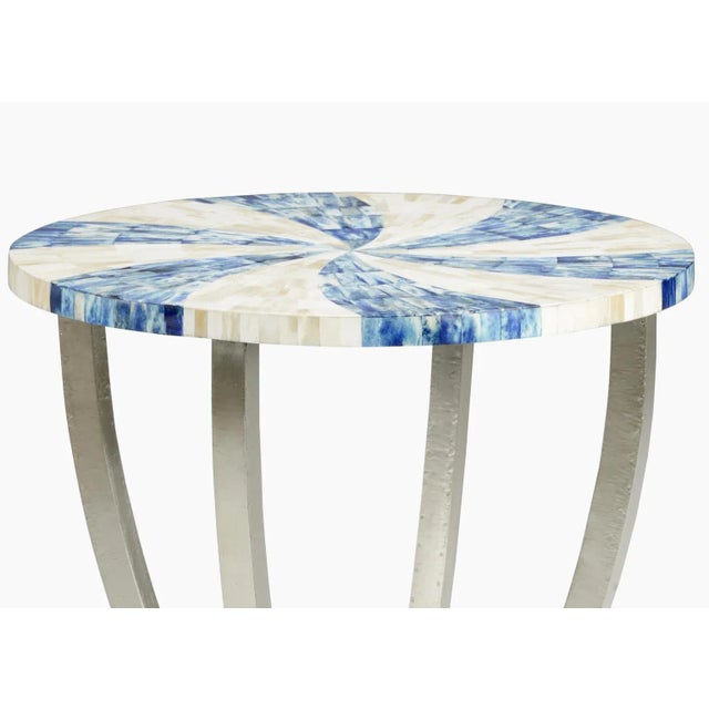 Blue And Cream Swirl Patterned Wooden Faux Bone Inlay Top On Silver Plated Wood Base Clean with a dry cloth