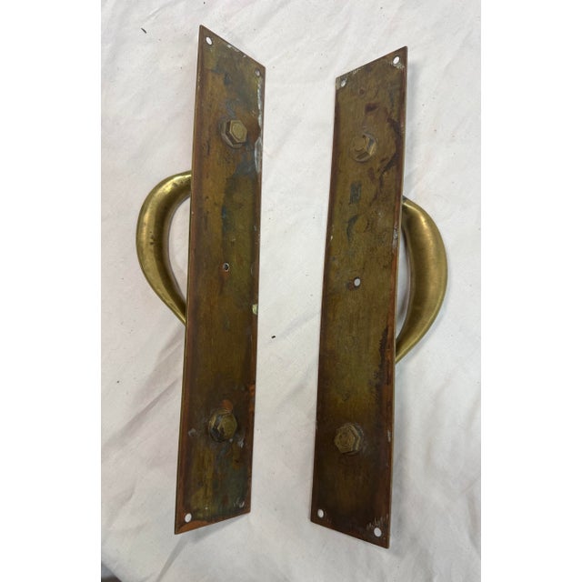 Pair of Antique Heavy Thick Brass Art Nouveau Fixed Door Handles Hardware Pulls For Sale - Image 9 of 9