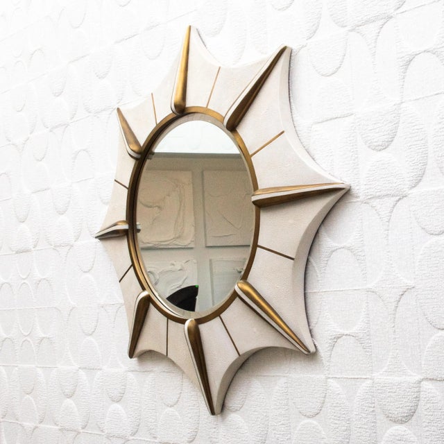 R & Y Augousti Modern Mirror in Cream Shagreen With Bronze Patina Brass by R&y Augousti For Sale - Image 4 of 9