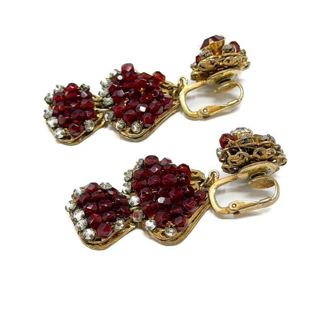 Gold Vintage Red Glass Bead and Rhinestone Drop Earrings by Robert DeMario, 1950s, Set of 2 For Sale - Image 8 of 11