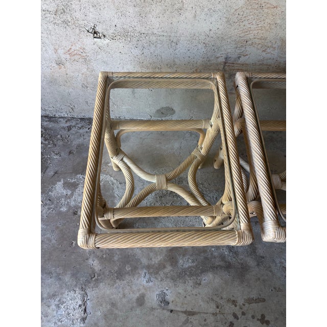 Wood Vintage Coastal Rattan and Glass End Tables - Pair For Sale - Image 7 of 8