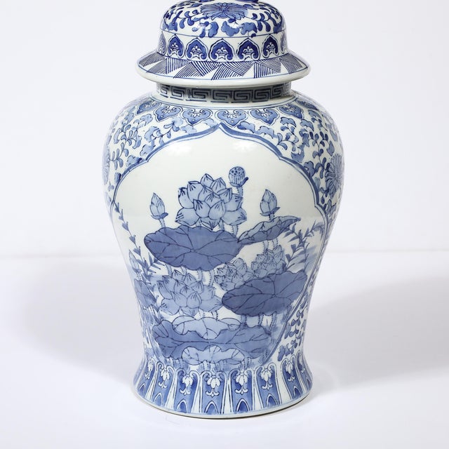Chinese Hand Painted Blue and White Fudog and Flower Temple Jar For Sale In New York - Image 6 of 18
