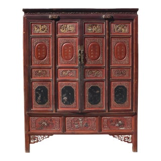 19th Century Chinese Vermillion Red Carved Gilt Silvered Armoire Cabinet For Sale