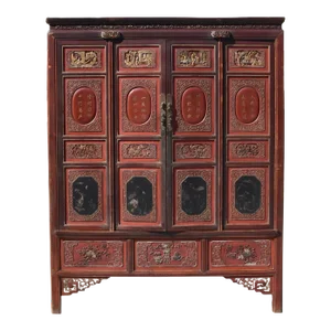 19th Century Chinese Vermillion Red Carved Gilt Silvered Armoire Cabinet