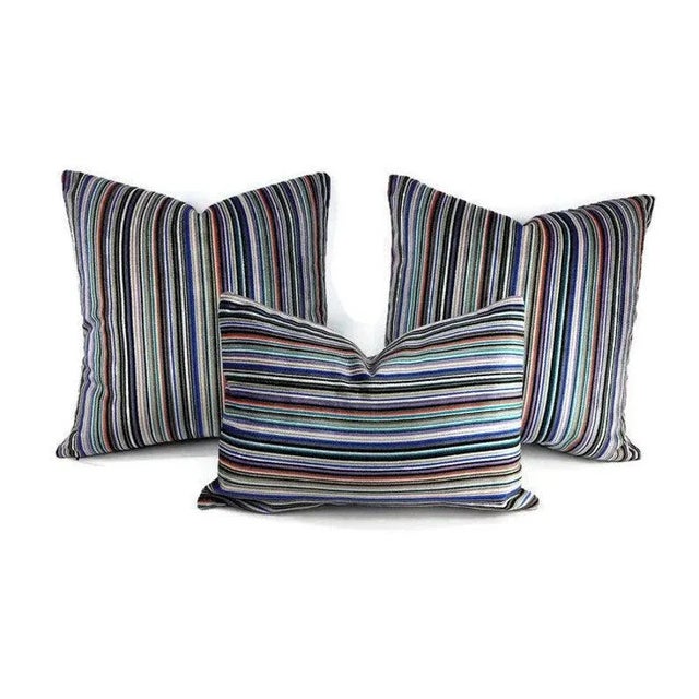 Black, Silver, White, Purple & Blue Stripe Heavy Duty Velvet Lumbar Pillow Cover For Sale - Image 4 of 5