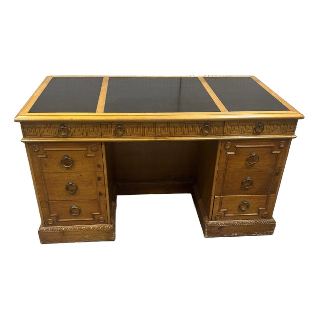 Fine Vintage Sligh Furniture Greek Key Leather Top Bookcase Front Knotty Pine Desk For Sale