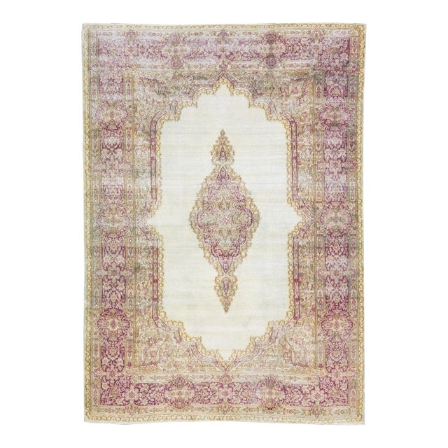 1960s Vintage Persian Distressed Handmade Medallion Ivory Wool Rug For Sale