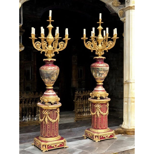 Black 1960s Majestic Pair of Antique Sevres-Style Porcelain & Ormolu Candelabra Lamps on Pedestals 19th Century For Sale - Image 8 of 8
