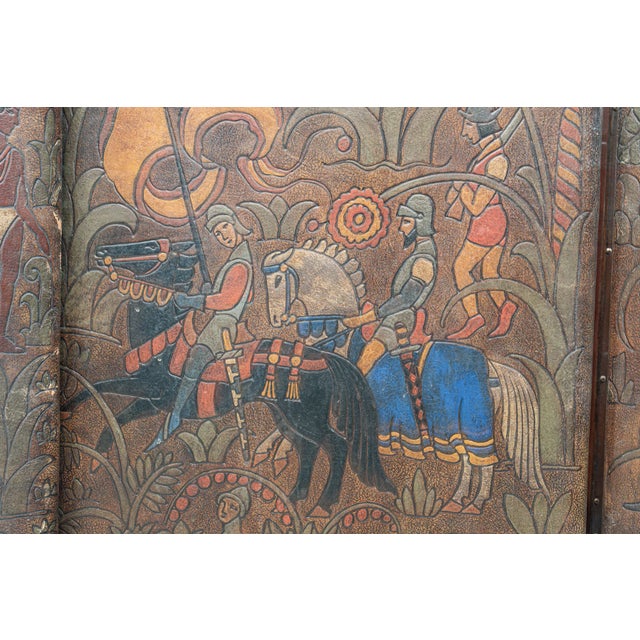 Chinese 1920s Leather Four Panel Screen For Sale - Image 3 of 7