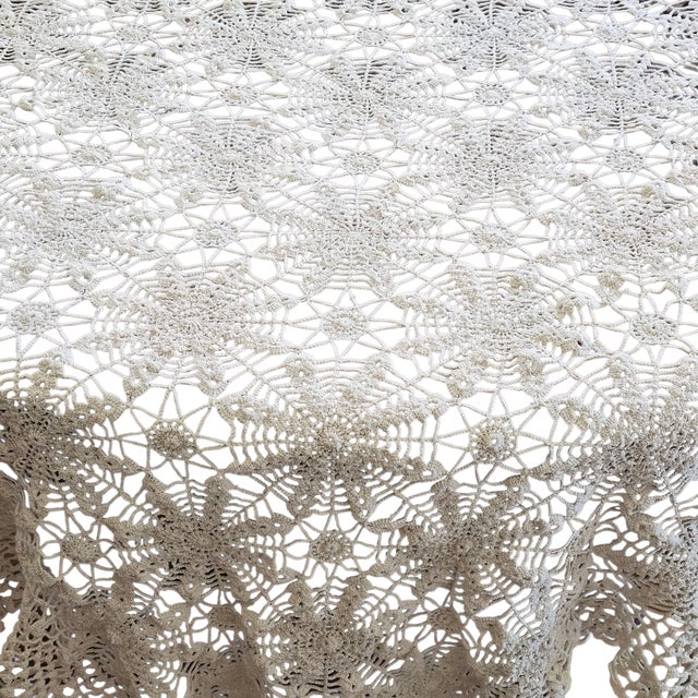 Mid 20th Century Mid-Century Hand-Crocheted Cotton Lace Tablecloth With Rosette Motif, Ecru Textile For Sale - Image 5 of 8
