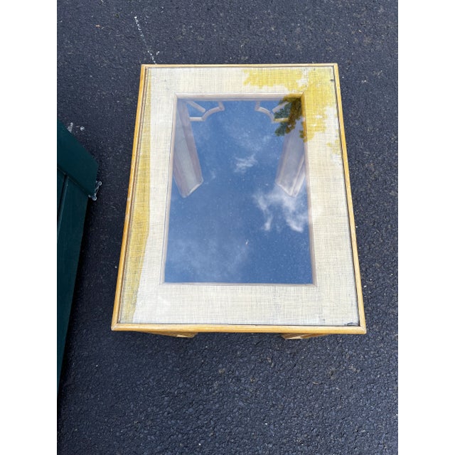 Tan Vintage 1960s Raffia Grasscloth Covered Bamboo Fretwork Side Table For Sale - Image 8 of 9