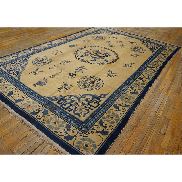 1900 - 1909 1900s Beige Field Classic Greek Key Dragon Antique Chinese Peking Room Size Rug For Sale - Image 5 of 10