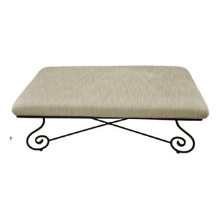 Mid 20th Century Bench Upholstered in Tan Linen on Wrought Iron Frame For Sale