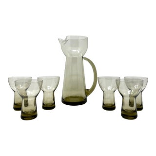 1960s Holmegaard Copenhagen Lutken Smoke Cocktail Pitcher and Aperitif Glasses- 7 Pieces For Sale