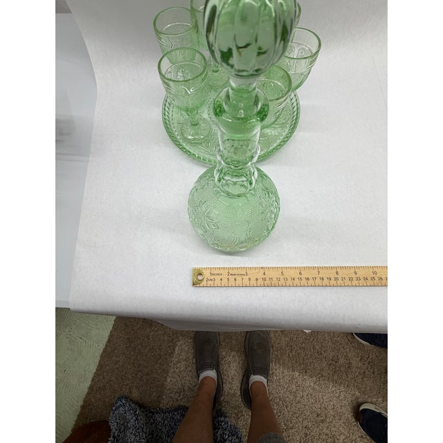 Green Vintage Vaseline / Uranium Green Pressed Glass Decanter and Cordial Set With Tray - 8 pcs For Sale - Image 8 of 11