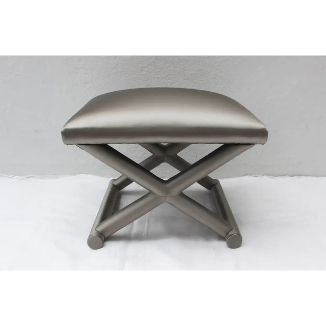 X-Form Upholstered Bench newly reupholstered in gray satin finish fabric.