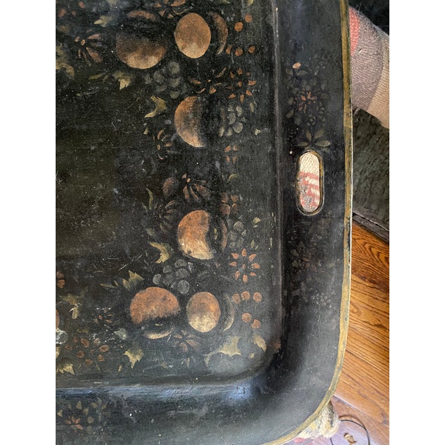 For your consideration is a circa-19th century tôle tray, forged and painted by hand. A floral fruit scene adorns a base...