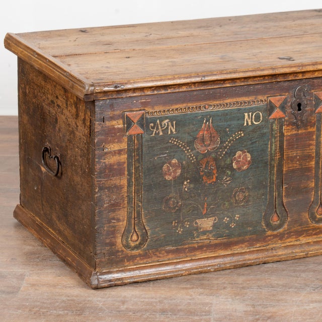 Wood Hand-Painted Pine Flat Top Trunk From Hungary Dated 1830 For Sale - Image 7 of 11